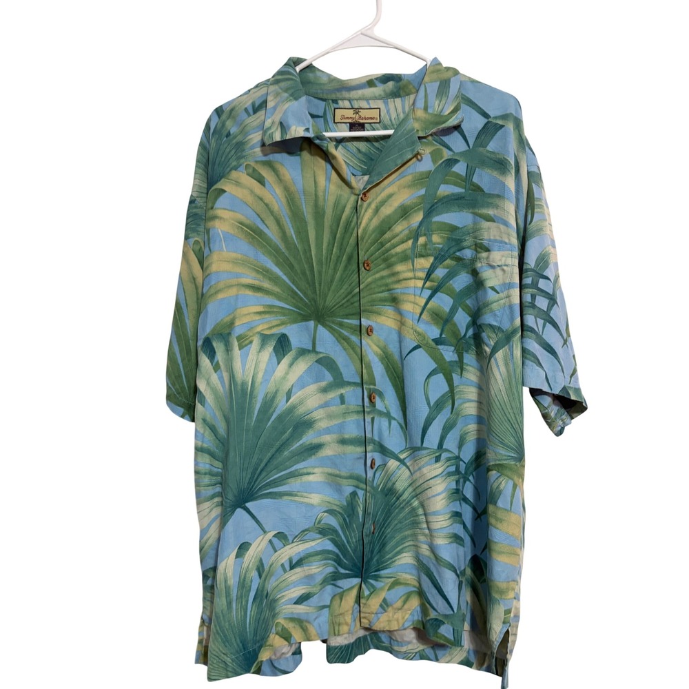 Tommy Bahama Silk Shirt Tropical Palm Leaf Blue Green Camp Button Down XL